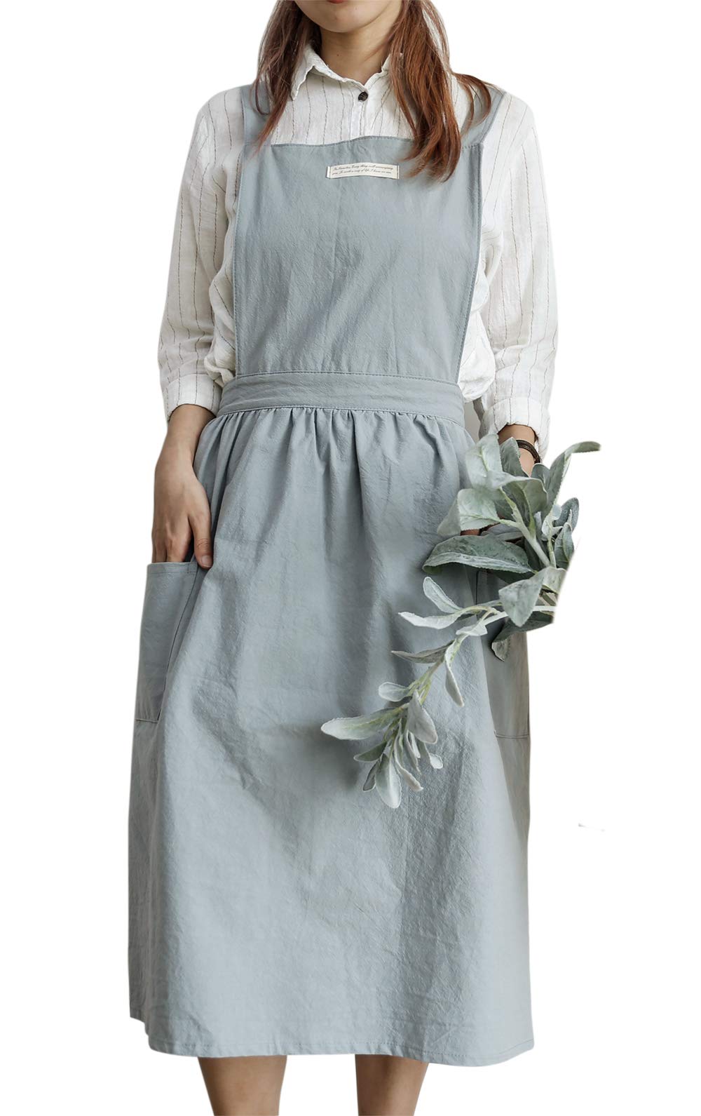 TOCONFFON Japanese Vintage Cute Apron Dress Cross Back Pinafore Apron for Women with 2 Pockets for Cooking Painting Gardening(Light Blue,Regular Size)