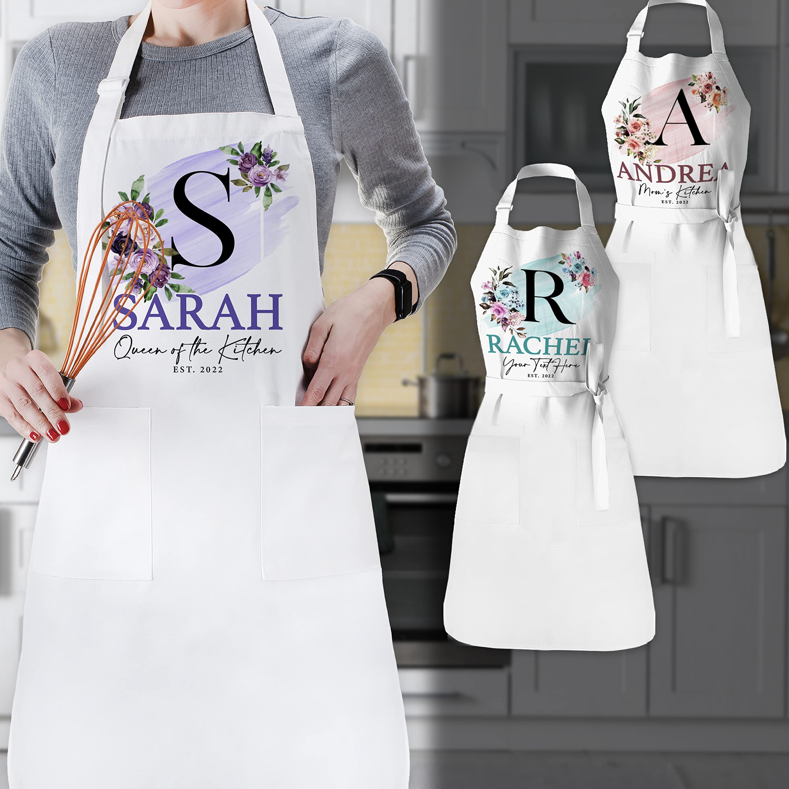 Kitchen Floral Apron Gift for Mother's Day - Personalized Mom Aprons Gifts w/Pockets w/Name for Mother Men for Grilling Cooking BBQ Baking Customized Funny Chef Apron for Mommy Custom Grandpa Gift C1