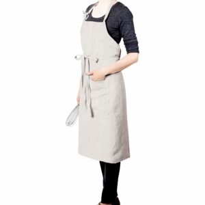 lk purelife stonewashed 100% french linen apron-adjustable with pockets for women men-natural linen