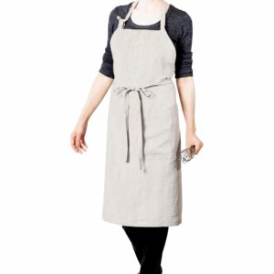 LK PureLife Stonewashed 100% French Linen Apron-Adjustable with Pockets for Women Men-Natural Linen