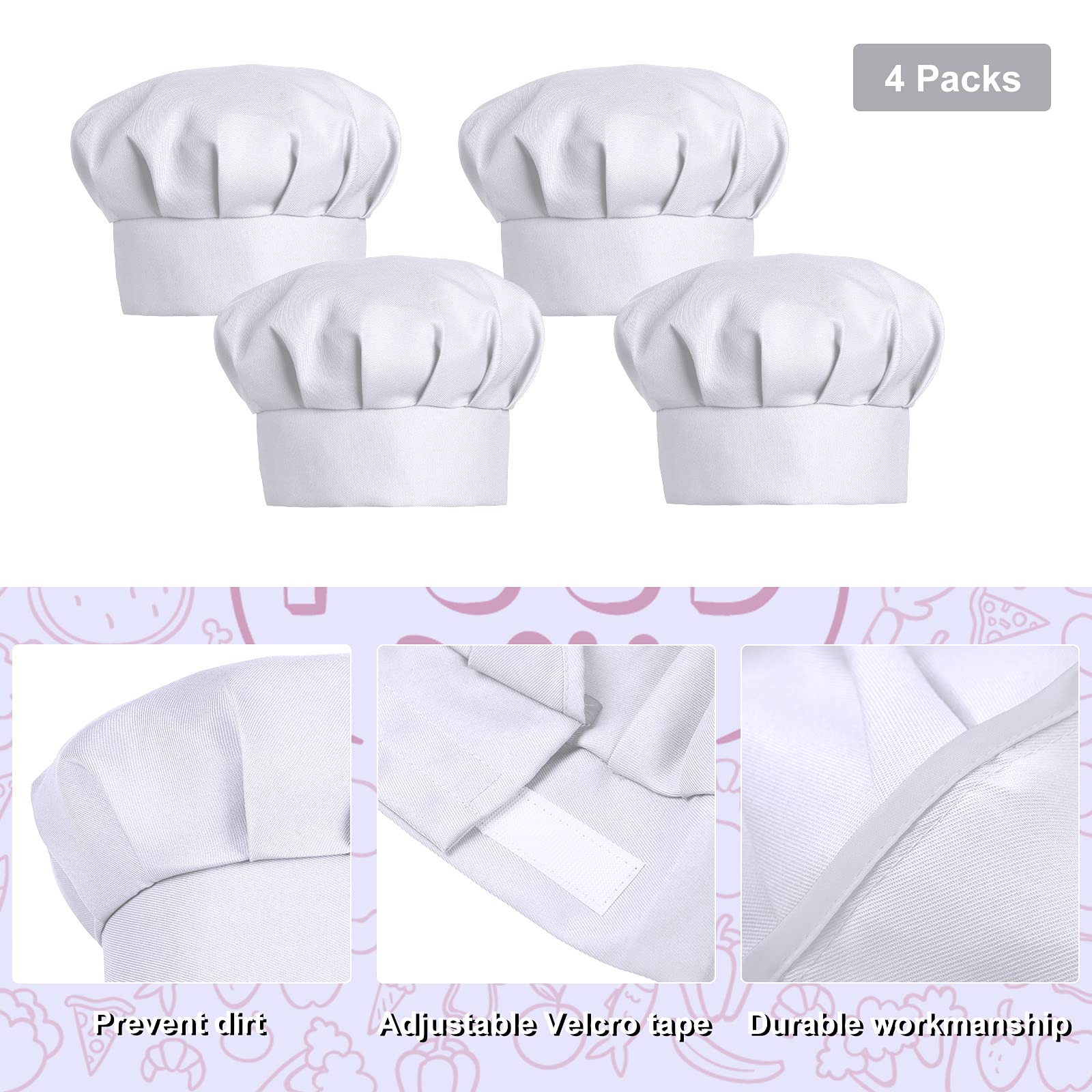 4 PCS Adjustable Kids Chef Hat Chef Toques Cooking Baker Chef Cap for Aged 2-5 (White)