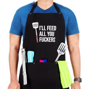 exzillant - embroidered funny aprons for men - 3 pockets - birthday, christmas and cooking gifts for dad, brother, husband - polycotton -black