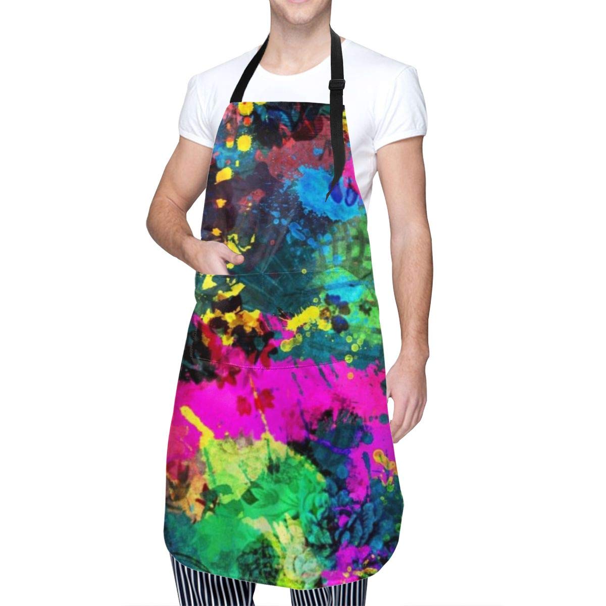 Deaowangluo Adult Size Adjustable Bib Colorful Paint Splatter Apron Extra Long Ties with Tool Pockets for Gifts-Home Kitchen Baking