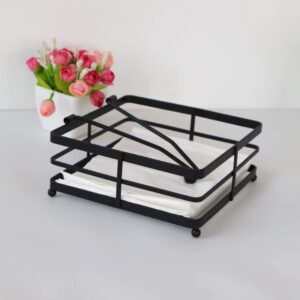 flat napkin holder, tissue rack stand for kitchen dining table, black metal napkin dispenser with weighted arm, square tissue holder for farmhouse kitchen countertops tables tissue storage basket