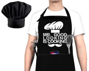 funny cooking apron and chef hat set for men - adjustable bib chef apron for men with 3 pockets - bbq grill apron for a husband, dad, son, grandfather boyfriend or any friend - mr. good...