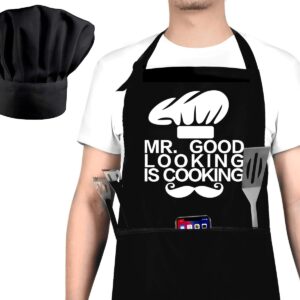 Funny Cooking Apron and Chef Hat Set for Men - Adjustable Bib Chef Apron for Men with 3 Pockets - BBQ Grill Apron for A Husband, Dad, Son, Grandfather Boyfriend Or Any Friend - Mr. Good...