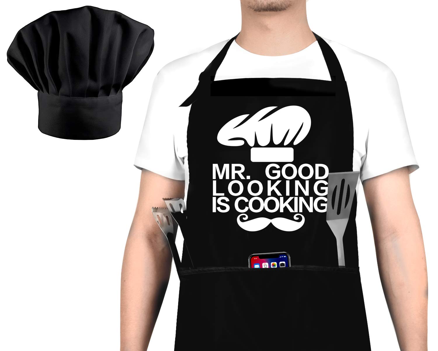 Funny Cooking Apron and Chef Hat Set for Men - Adjustable Bib Chef Apron for Men with 3 Pockets - BBQ Grill Apron for A Husband, Dad, Son, Grandfather Boyfriend Or Any Friend - Mr. Good...