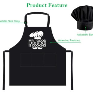 Funny Cooking Apron and Chef Hat Set for Men - Adjustable Bib Chef Apron for Men with 3 Pockets - BBQ Grill Apron for A Husband, Dad, Son, Grandfather Boyfriend Or Any Friend - Mr. Good...