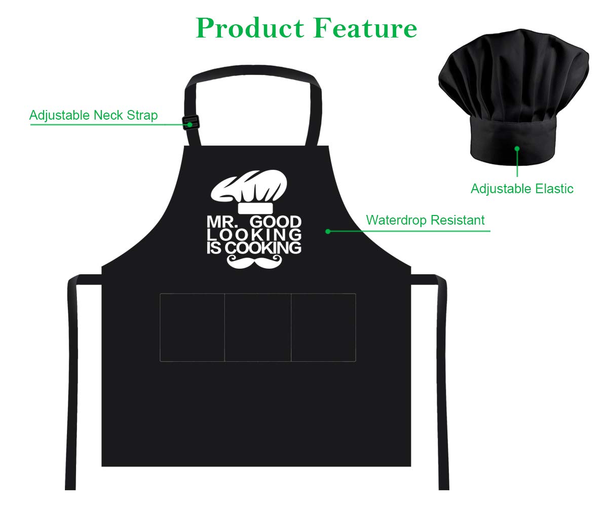 Funny Cooking Apron and Chef Hat Set for Men - Adjustable Bib Chef Apron for Men with 3 Pockets - BBQ Grill Apron for A Husband, Dad, Son, Grandfather Boyfriend Or Any Friend - Mr. Good...