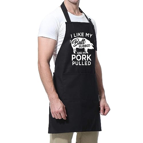 Miracu Funny Cooking Aprons for Men, Mens Grilling BBQ Aprons with Pockets - I Like My Butt Rubbed & My Pork Pulled - Fathers Day, Birthday Gifts for Men, Husband, Boyfriend, Guy, Dad, Friends, Him