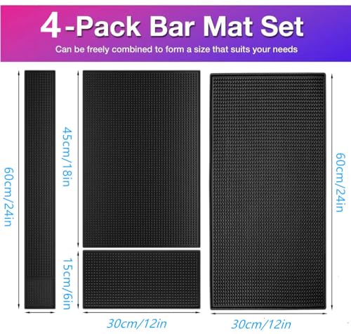 Bar Mat Spill Mat for Cocktail and Coffee Bar Set of 4 Nonslip Flexible Rubber Bar Service Spill Mat Barber Mats Dish Drying Mat (24" x 12"+18" x 12"+23" x 3"+12" x 6" Black)