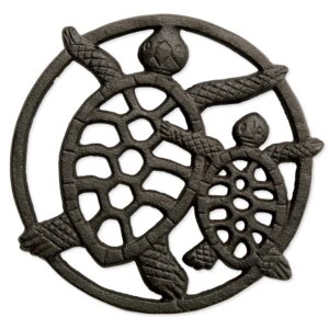 gasaré, cast iron trivet for pots, pans, and hot dishes, metal trivet, two turtle design, rubber feet caps, ring hanger, 8.5 inches, brown, 1 unit