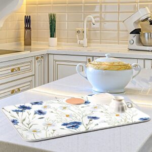 ElliTarr Daisy Floral Blue Dish Drying Mat for Kitchen Counter Microfiber Absorbent Dish Drainer Mat Small Kitchen Drying Rack Mat Heat Resistant Drying Pad for Counter 16 x 18