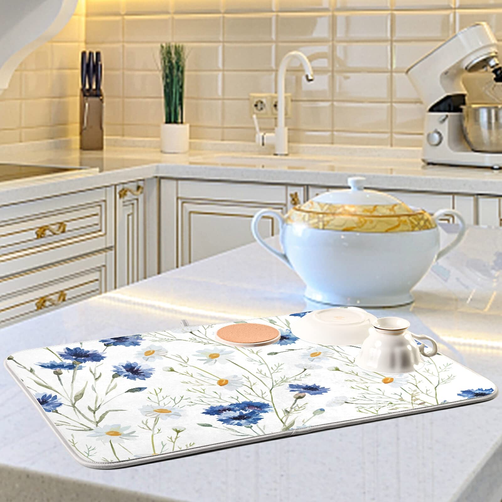 ElliTarr Daisy Floral Blue Dish Drying Mat for Kitchen Counter Microfiber Absorbent Dish Drainer Mat Small Kitchen Drying Rack Mat Heat Resistant Drying Pad for Counter 16 x 18