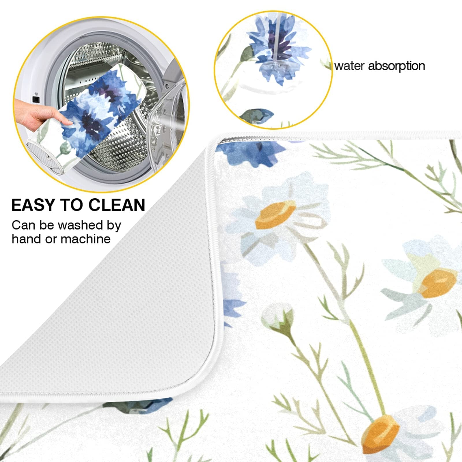 ElliTarr Daisy Floral Blue Dish Drying Mat for Kitchen Counter Microfiber Absorbent Dish Drainer Mat Small Kitchen Drying Rack Mat Heat Resistant Drying Pad for Counter 16 x 18