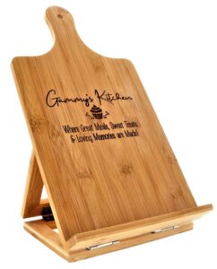 gammy’s recipe cookbook holder stand gift - custom engraved bamboo cutting board foldable chef easel metal hinges kickstand ipad tablet compatible christmas birthday kitchen decor design (7.25x13.5)