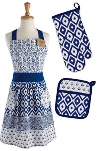 dii kitchen gift set collection, apron, pot holder & oven mitt, blue market, 3 piece