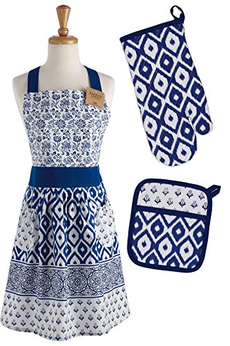 DII Kitchen Gift Set Collection, Apron, Pot Holder & Oven Mitt, Blue Market, 3 Piece