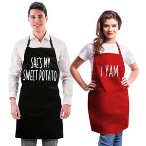 witty enterprise — funny couple aprons (2 pack) + gift bag — she’s my sweet potato, i yam — for girlfriend, boyfriend, friend — birthday, engagement, anniversary, wedding, funny gift idea