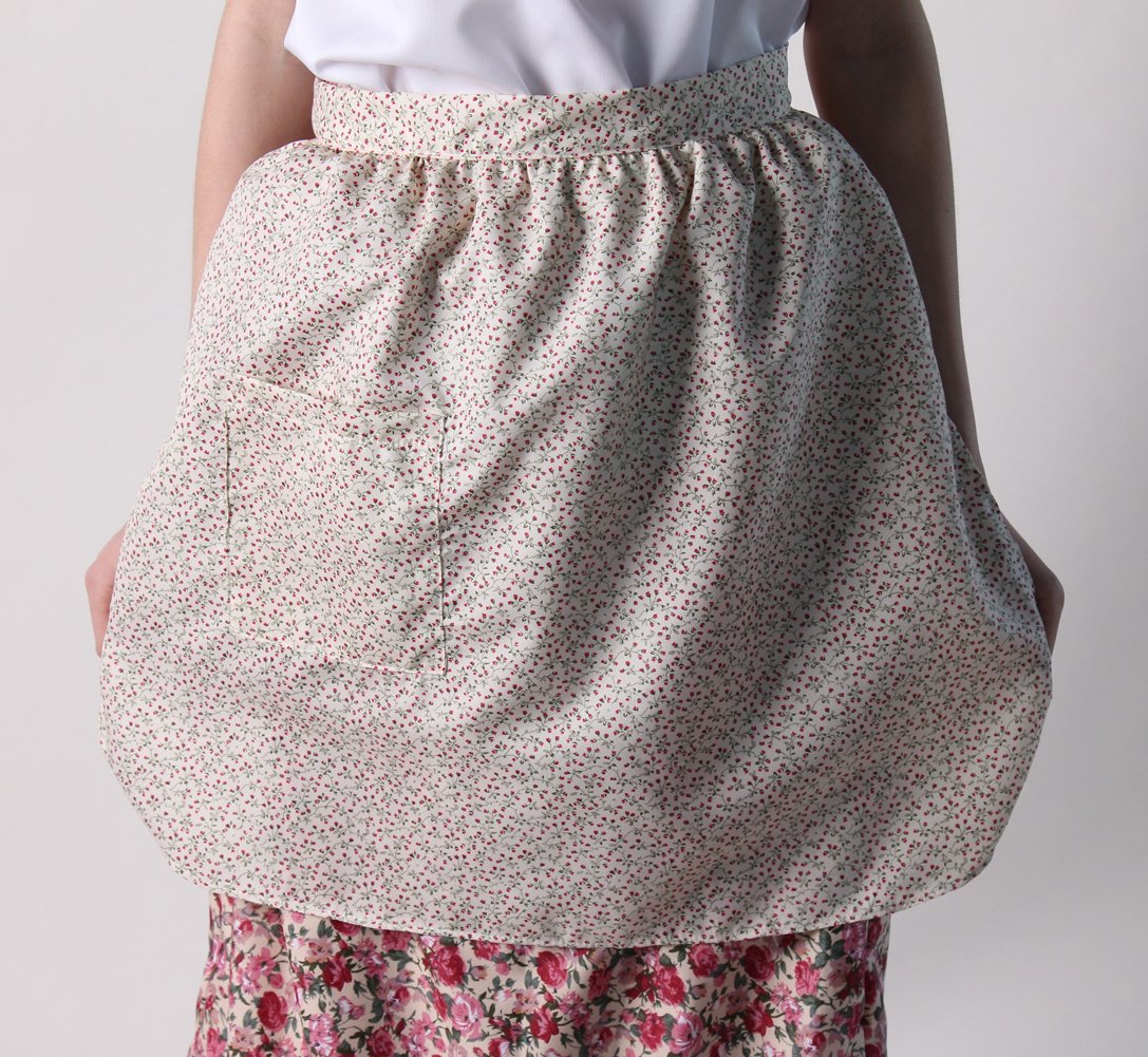 Making Believe Cream Calico Waist Half Apron with Pocket for Girls and Teens for Pioneer Peasant Costume