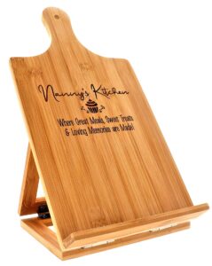 nanny recipe cookbook holder stand gift - custom engraved bamboo cutting board foldable chef easel metal hinges kickstand ipad tablet compatible christmas birthday kitchen decor design (7.25x13.5)