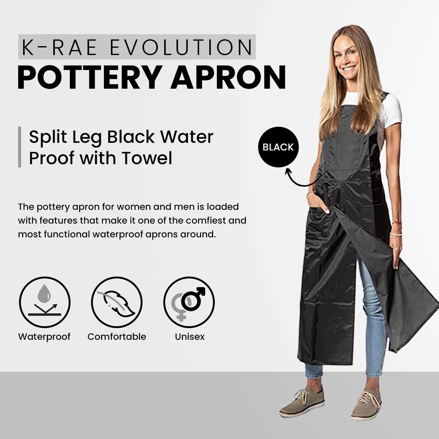 K-Rae Evolution Stay Dry Craft and Pottery Apron Split Leg, Full Coverage with Towel Loops, Water Proof Apron for Men & Women, Adjustable Split Leg Black Apron, Dirt, Oil and Chemical Resistant