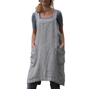yesdoo cotton linen apron cross back apron for women with pockets pinafore dress for baking cooking,large,grey