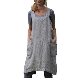 YESDOO Cotton Linen Apron Cross Back Apron for Women with Pockets Pinafore Dress for Baking Cooking,Large,grey