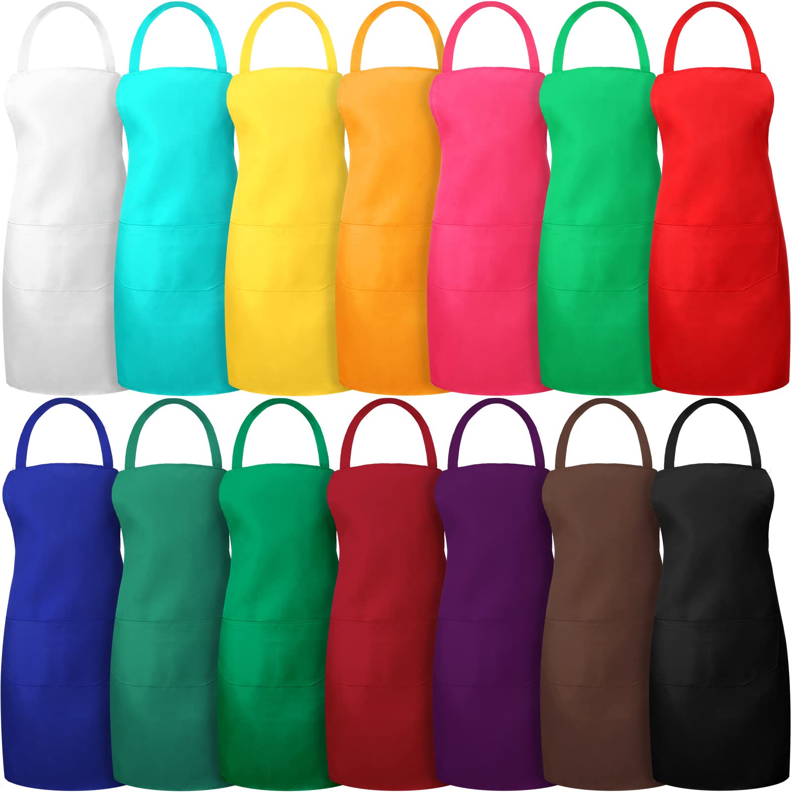 Jiuguva 14 Pcs Plain Bib Aprons Bulk Mixed Color Commercial Apron with 2 Pockets Cooking Aprons for Kitchen Women Men Adult Chef Waiter Restaurant BBQ Painting Crafting