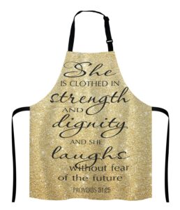lefolen proverbs 31:25 adjustable bib apron bible verse gold sparkles glitter pattern print cooking kitchen apron for men women