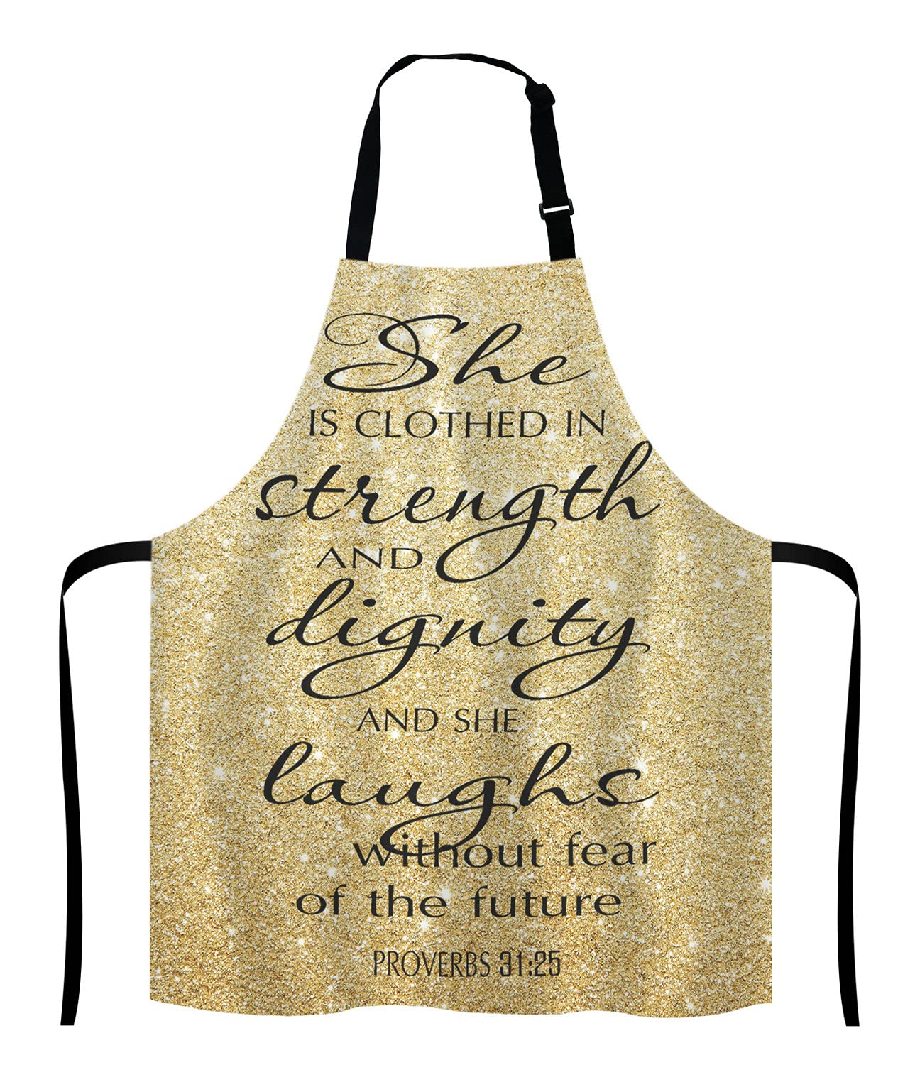 Lefolen Proverbs 31:25 Adjustable Bib Apron Bible Verse Gold Sparkles Glitter Pattern Print Cooking Kitchen Apron for Men Women