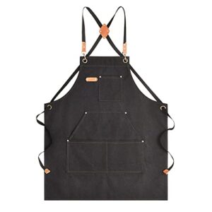 aoomzoon canvas aprons for men chef apron, work apron with large pockets - durable 16oz heavy duty cross back, bbq, cooking (black②, 1 pack)