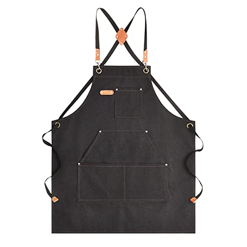 Aoomzoon Canvas Aprons for Men Chef Apron, Work Apron with Large Pockets - Durable 16oz Heavy Duty Cross Back, BBQ, Cooking (Black②, 1 Pack)