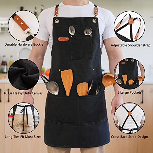 Aoomzoon Canvas Aprons for Men Chef Apron, Work Apron with Large Pockets - Durable 16oz Heavy Duty Cross Back, BBQ, Cooking (Black②, 1 Pack)