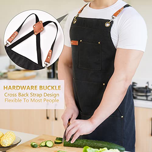 Aoomzoon Canvas Aprons for Men Chef Apron, Work Apron with Large Pockets - Durable 16oz Heavy Duty Cross Back, BBQ, Cooking (Black②, 1 Pack)
