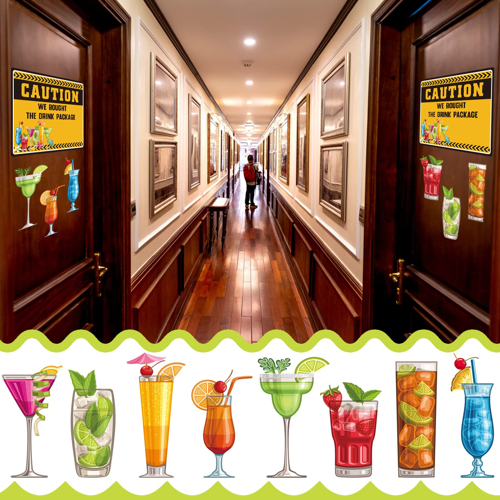 Buryeah 10 Pcs Funny Magnetic Cruise Door Decorations Set 2 Large Caution Cruise Door Magnets Sign 8 Tropical Summer Fruit Drink Cruise Door Magnets Stickers for Carnival Stateroom Refrigerator Door