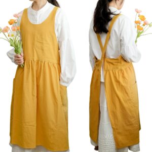 hanee cross back aprons for women | japanese style cotton apron with pockets | cute pinafore smock for gardening, cooking, painting, cleaning and more (yellow)