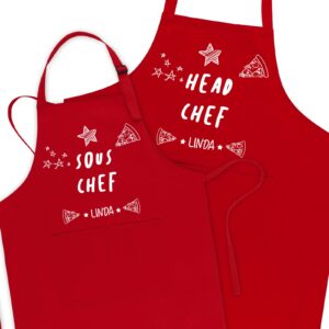 atdesk customized 2 pack parent-child aprons, matching family apron set, adjustable father son mummy daughter cooking apron, head chef sous chef bib aprons with pockets(red)