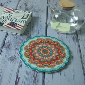 Arly Ceramic Tile Green Trivet for Hot Dishes, Art Waterproof Insulation Pads with Bohemia Style,Round 7.7 Inch