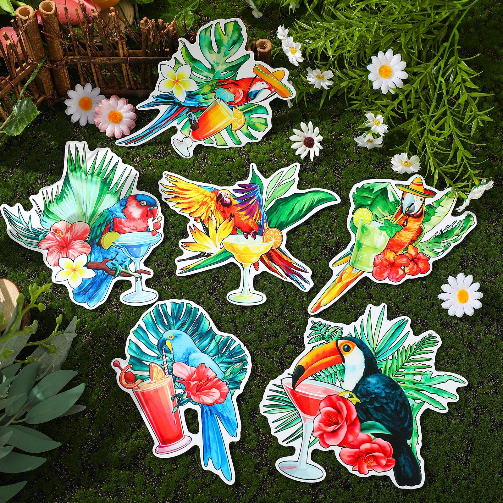 Hoteam 6 Pieces Tropical Drink Cruise Door Decorations Margarita Parrot Magnets Decorative Funny Parrot Magnets for Fridge Car Ship Garage Cabin Refrigerator Locker Magnetic Sign