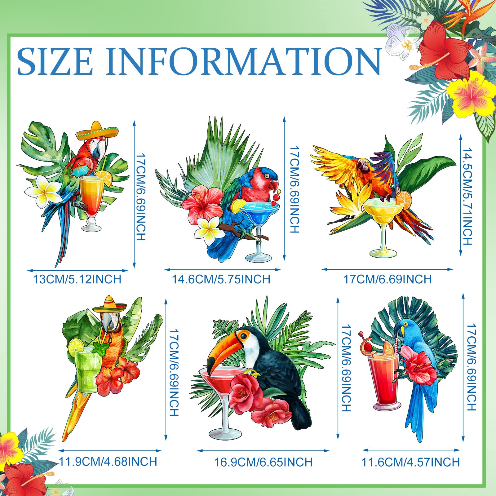 Hoteam 6 Pieces Tropical Drink Cruise Door Decorations Margarita Parrot Magnets Decorative Funny Parrot Magnets for Fridge Car Ship Garage Cabin Refrigerator Locker Magnetic Sign