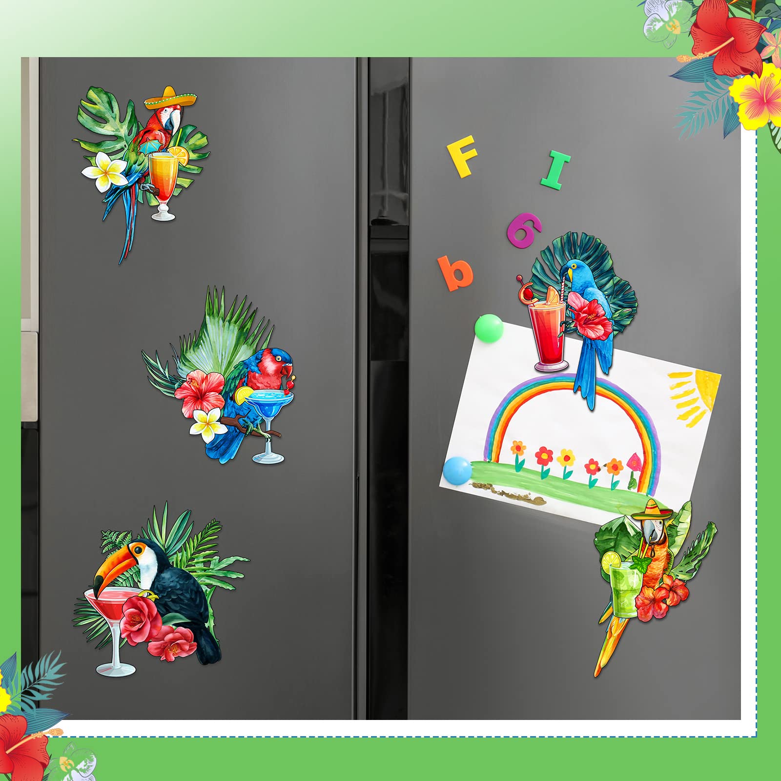 Hoteam 6 Pieces Tropical Drink Cruise Door Decorations Margarita Parrot Magnets Decorative Funny Parrot Magnets for Fridge Car Ship Garage Cabin Refrigerator Locker Magnetic Sign