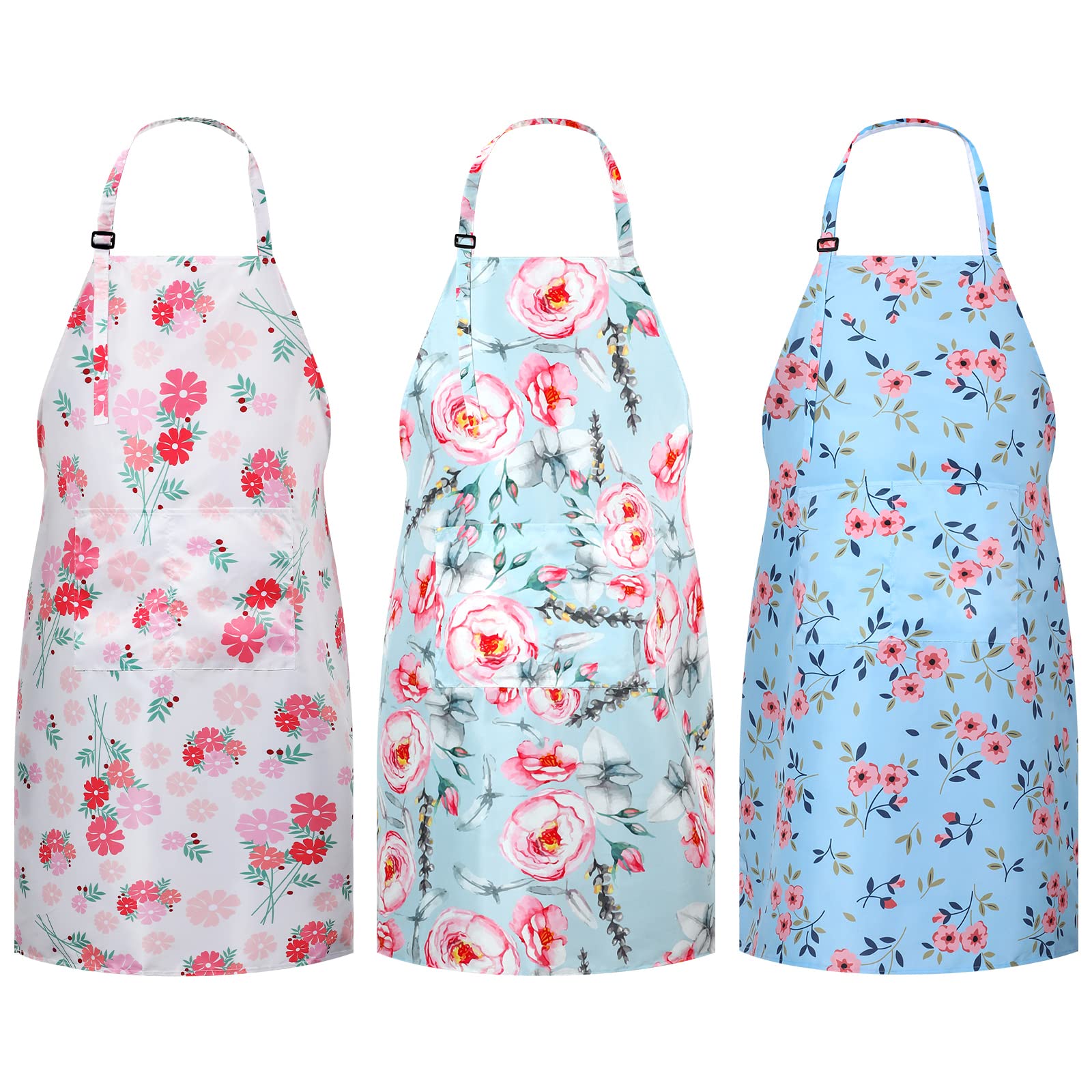 Yinkin 3 Pcs Plus Size Apron for Women with Pockets, Floral Womens Aprons with Adjustable Strap and Waist Ties for Kitchen Gardening Woman Girls Baking Household Cleaning Gardening Supplies