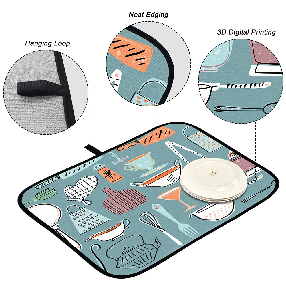 Summout Reversible Microfiber Dish Drying Mat for Kitchen Counter, Water Absorbent Heat Resistant - Kitchenware Set - Medium 16x18 Inches - 1 Pack