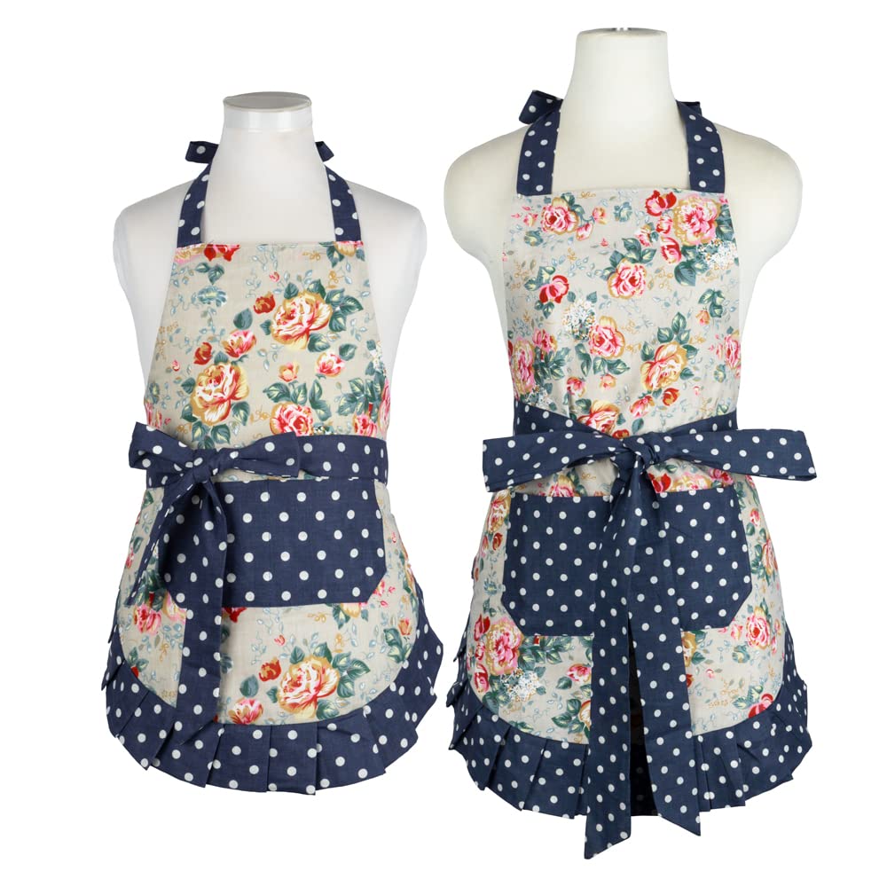 NEOVIVA Kitchen Aprons with Pockets for Mother and Daughter, Double-layered Bib Aprons for Cooking, Baking, BBQ and Gardening, Style Kathy, Floral Quarry Bloom