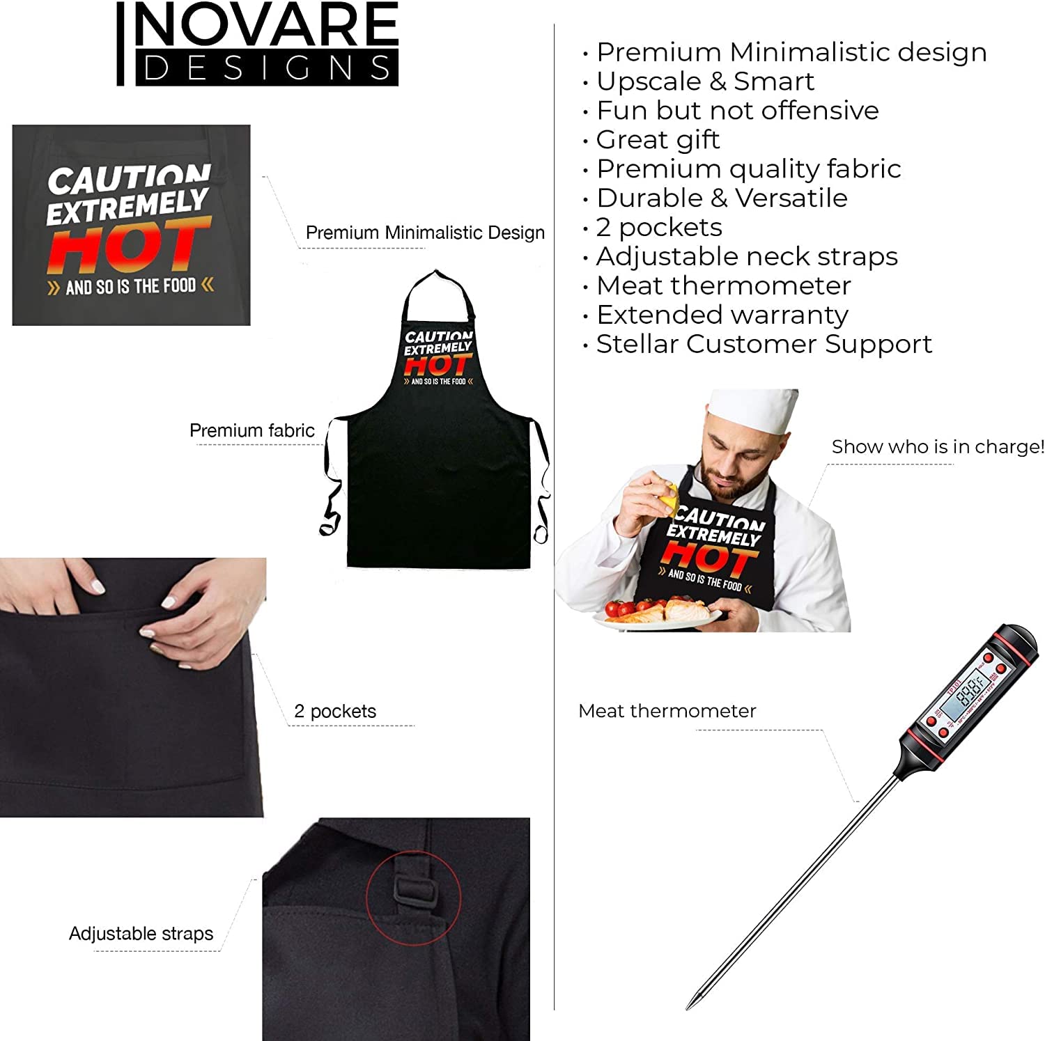 Inovare Designs' Fun Chef Apron - Perfect for Grilling, Cooking, BBQ - Unisex Design - Includes Meat Thermometer - Ideal Kitchen Gift
