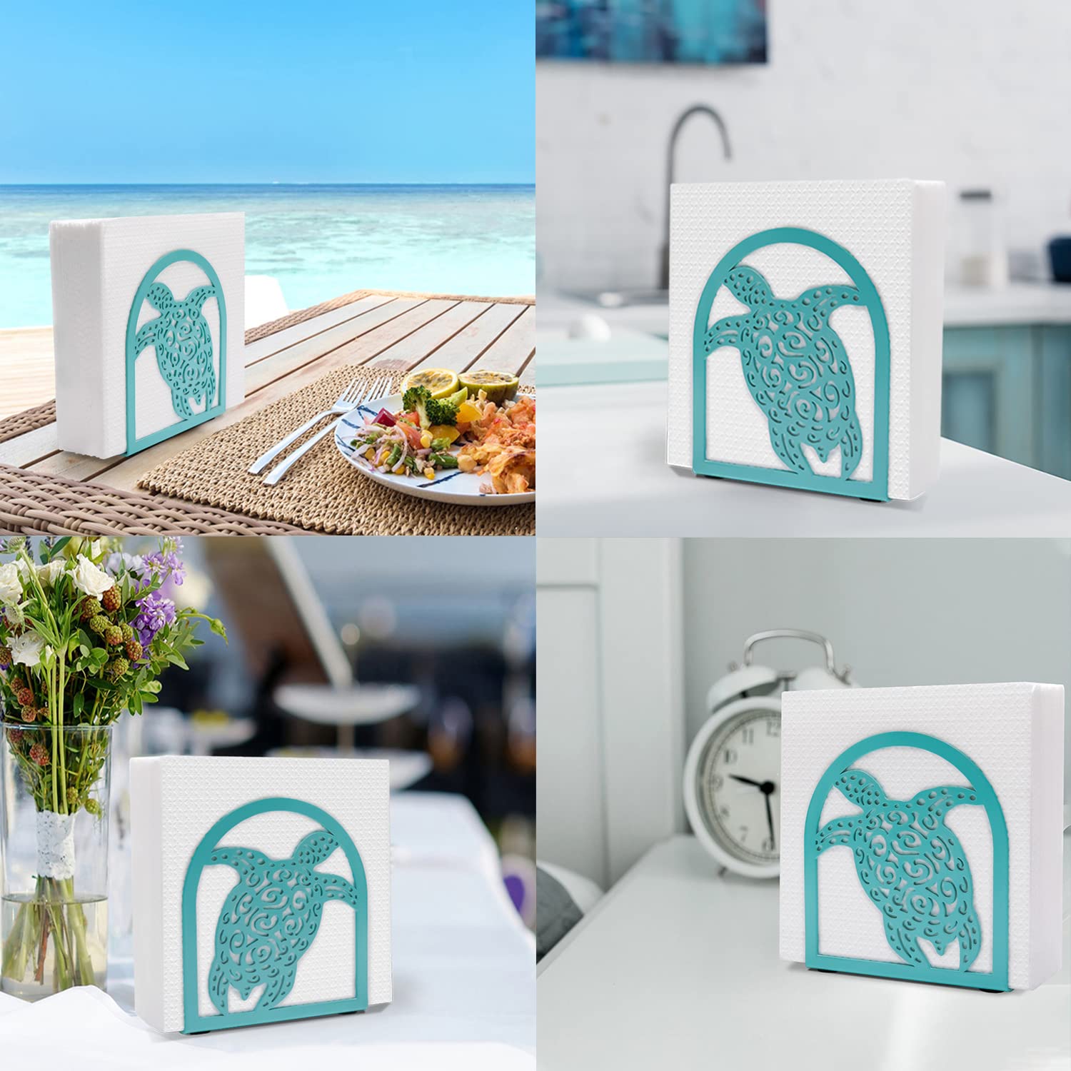 Shinlar Beach Coastal Theme Sea Turtle Napkin Holder for Table Kitchen,Cast Iron Napkin Holders Dispenser for Kitchen, Turtle Ocean Decor Ideas,Teal Turtle Napkins Holder Kitchen Accessories and Decor