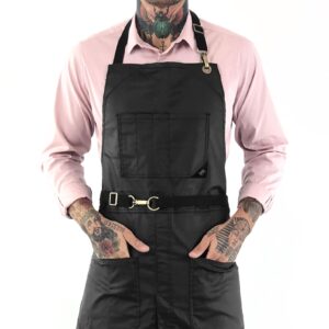 Under NY Sky No-Tie Panther Black Apron – Coated Twill with Leather Reinforcement, Split-Leg, Adjustable for Men and Women – Pro Barber, Tattoo, Barista, Bartender, Hair Stylist, Server Aprons