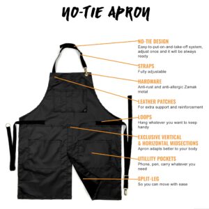 Under NY Sky No-Tie Panther Black Apron – Coated Twill with Leather Reinforcement, Split-Leg, Adjustable for Men and Women – Pro Barber, Tattoo, Barista, Bartender, Hair Stylist, Server Aprons