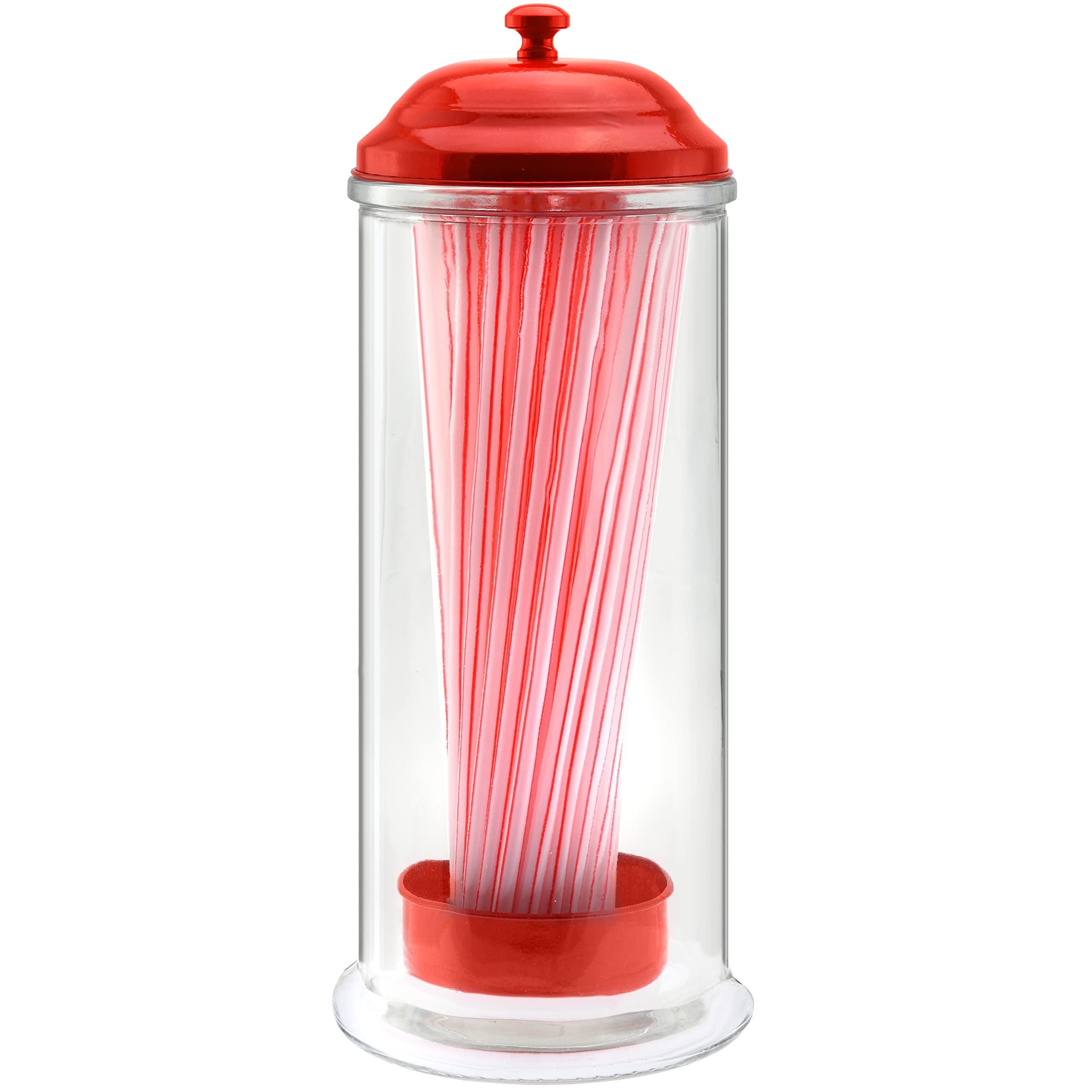 Straw Dispenser with Stainless Steel Lid | Glass Red Straw Holder for Counter with Lid | Drinking Straw Dispensers | Straw Container | Holds Straws up to 8.5 Inches, Red